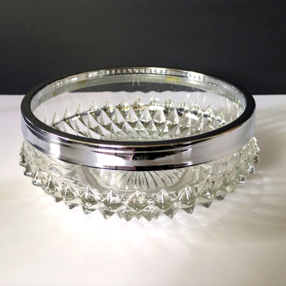 Vintage Glass Fruit Bowl Diamond Point Silver Colour Chrome Rim Salad Bowl